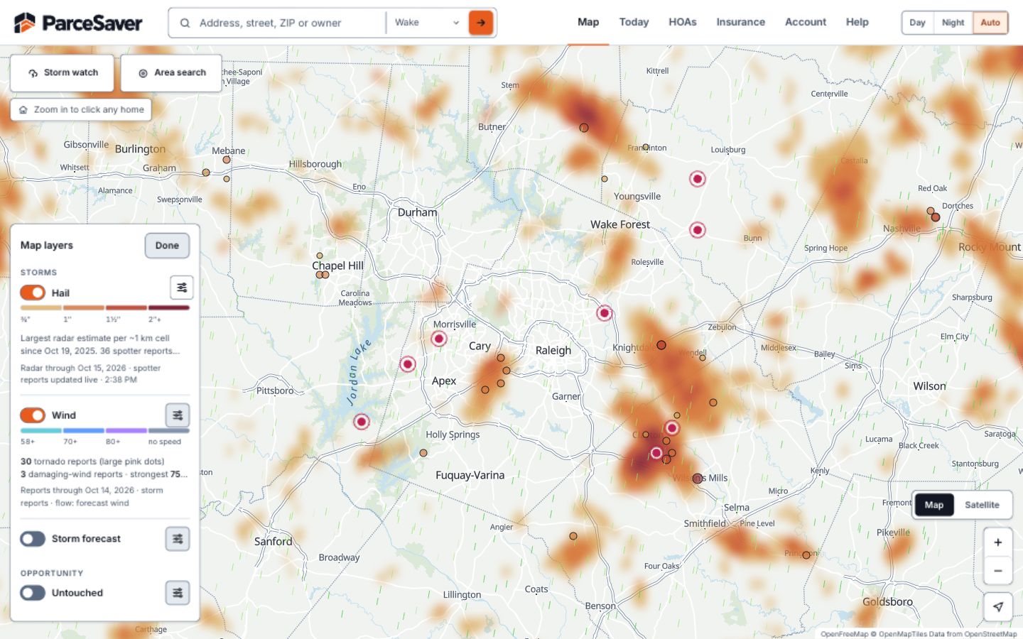 Actual ParceSaver workspace showing a Raleigh-area map, radar hail estimates, wind reports, and property-search controls.